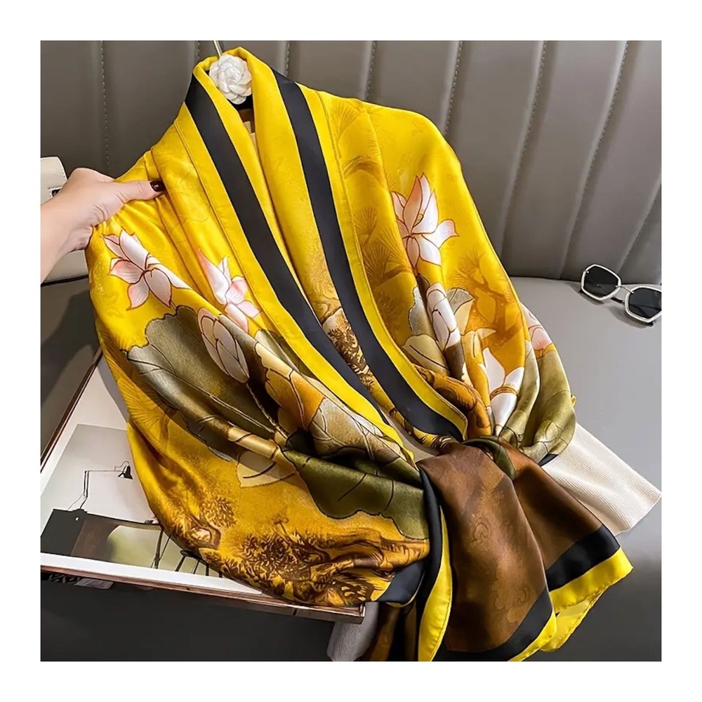 Women's Lotus Flower Satin Silk Scarf Shawl Floral Yellow Green Spring Summer